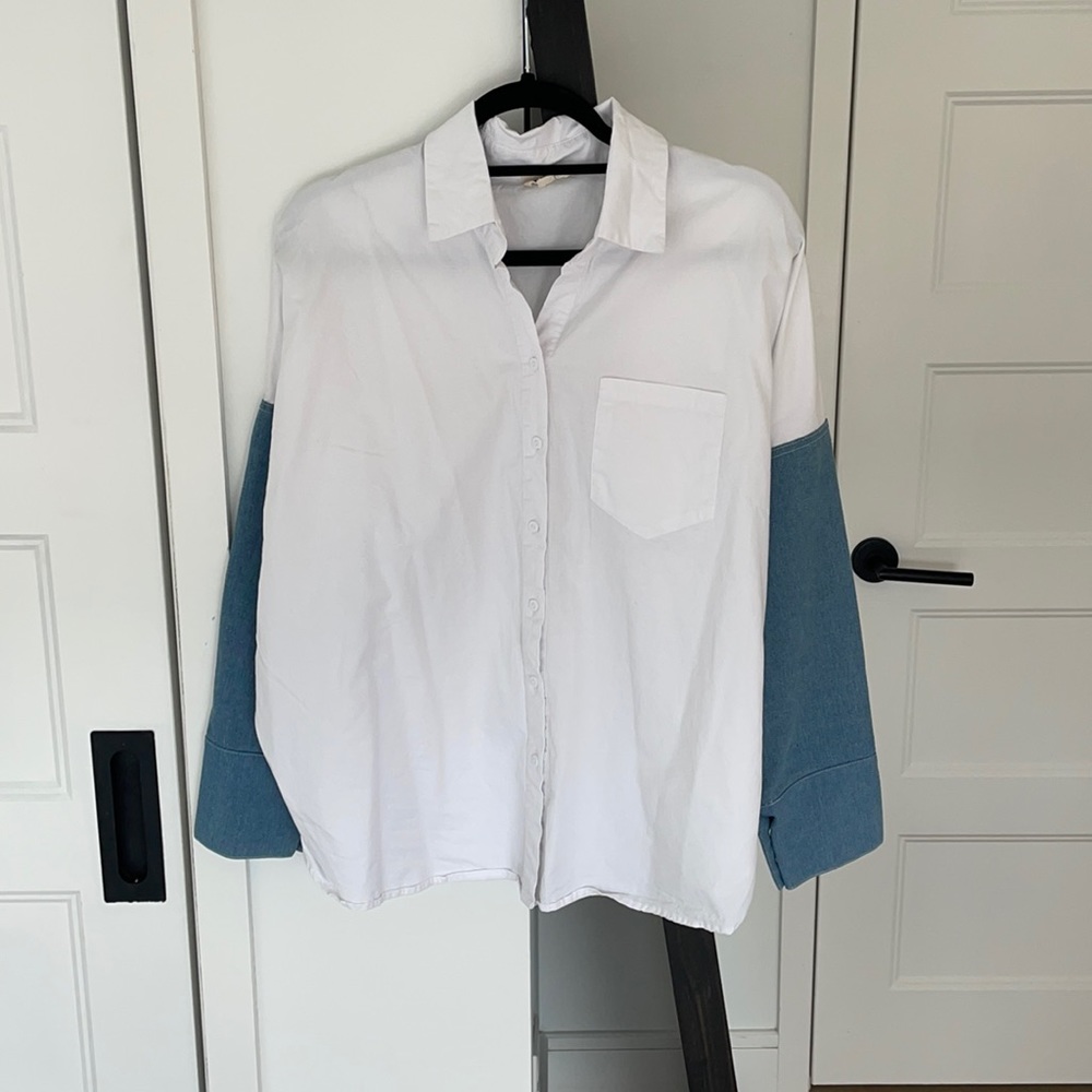 White oversized statement button up